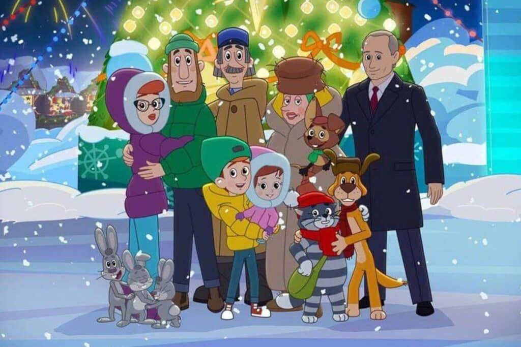 Personnages animés devant arbre de Noël enneigé.