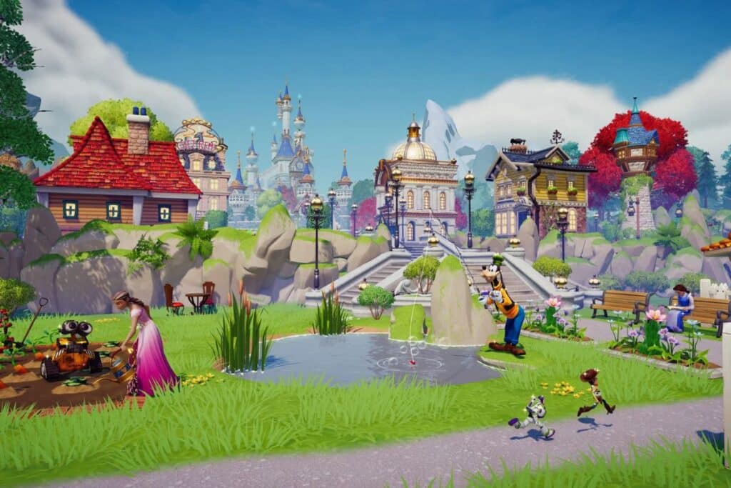 Scène animée de personnages dans un village imaginaire.