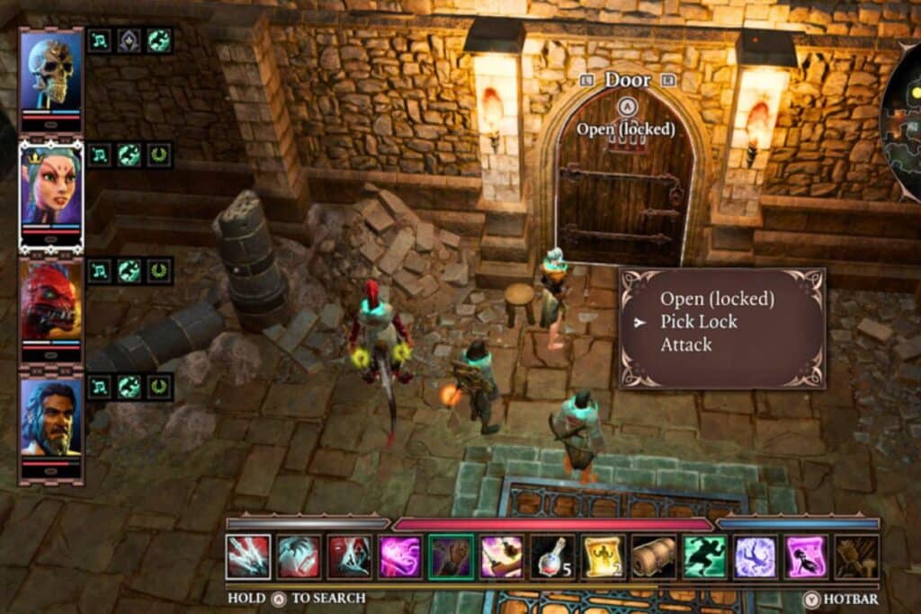 Jeu vidéo avec personnages et porte verrouillée.