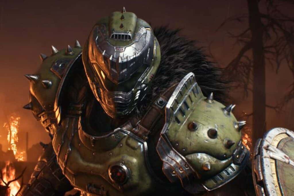 Guerrier en armure devant des flammes.