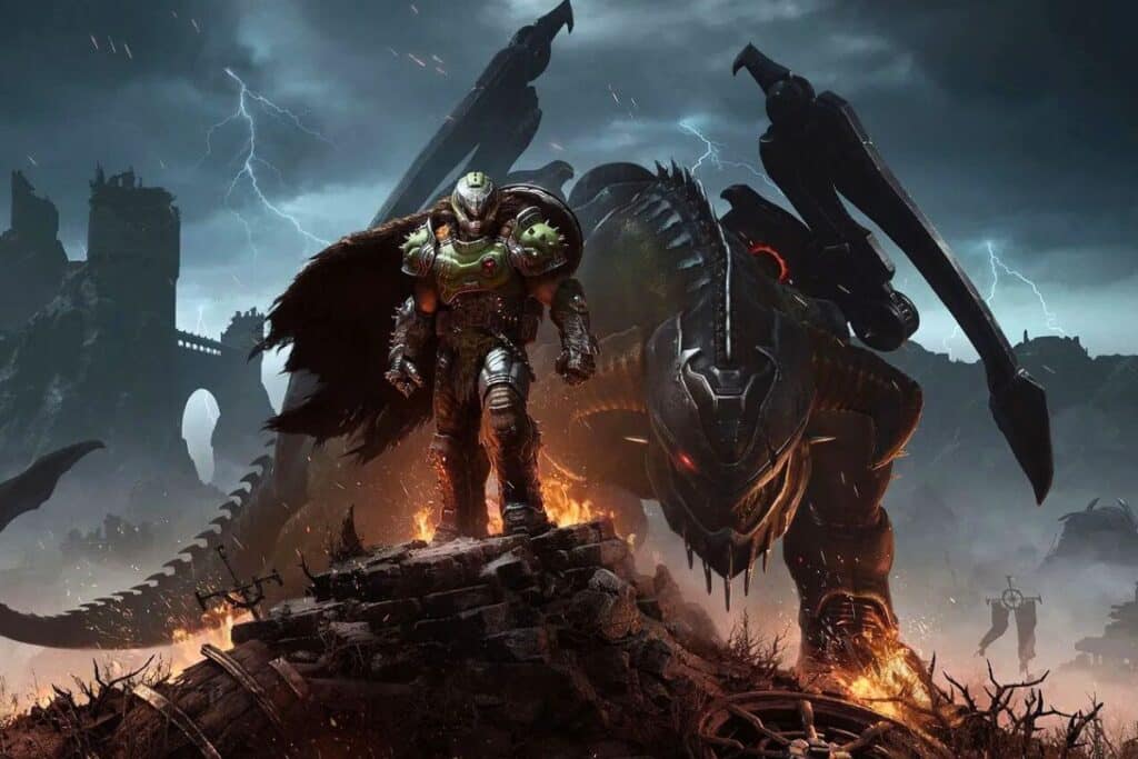 Guerrier en armure devant dragon mécanique.