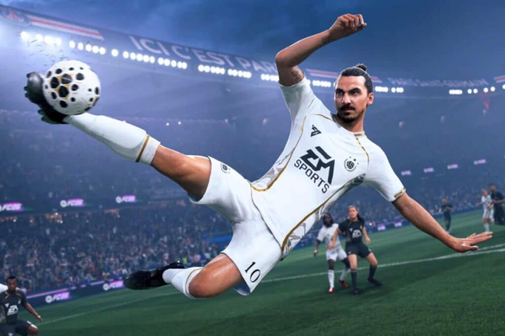 Joueur de football en tir acrobatique, stade bondé.