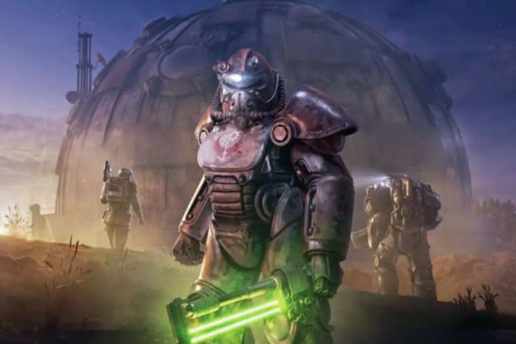 Guerrier en armure futuriste devant un dôme.