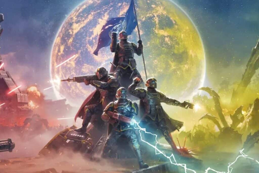 Soldats futuristes devant une planète lumineuse.