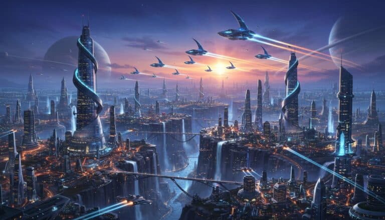 Ville futuriste avec vaisseaux volants au crépuscule.