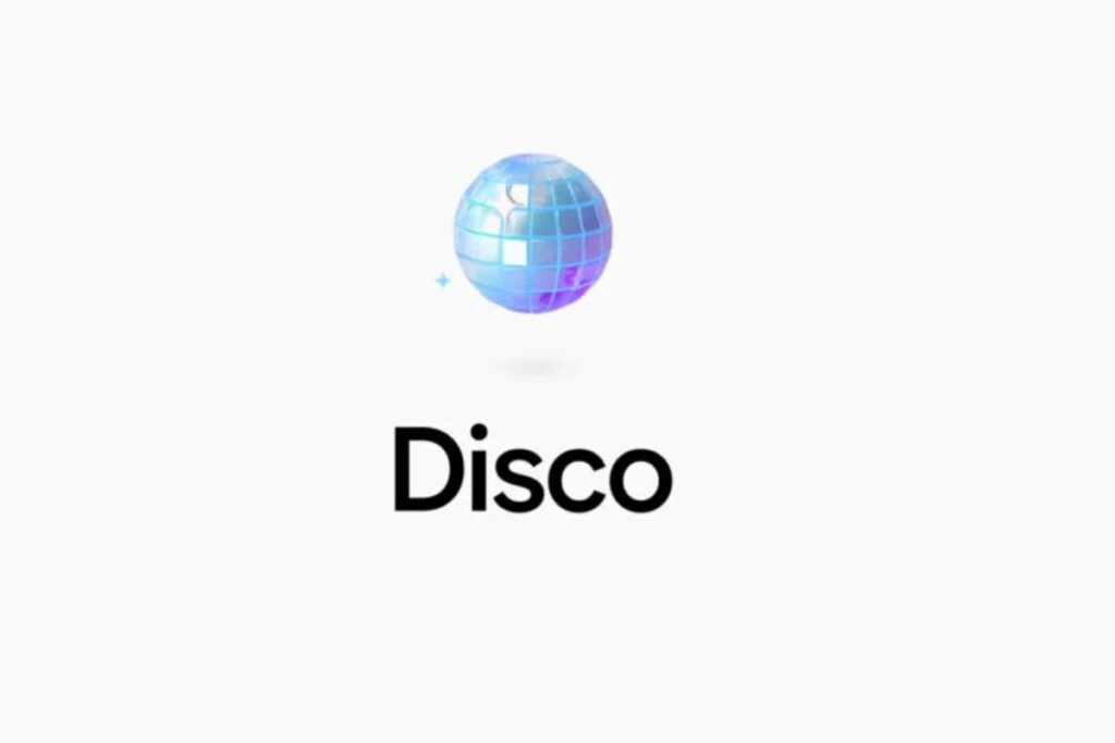 Boule disco bleue au-dessus du mot 'Disco'.