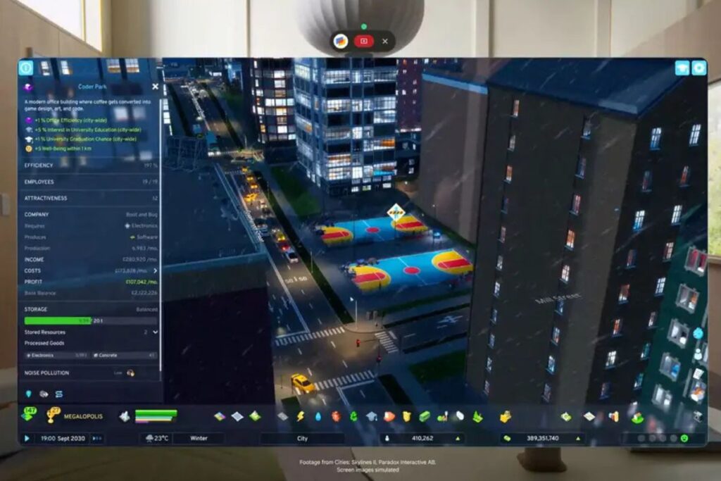 Interface de jeu de construction de ville la nuit.
