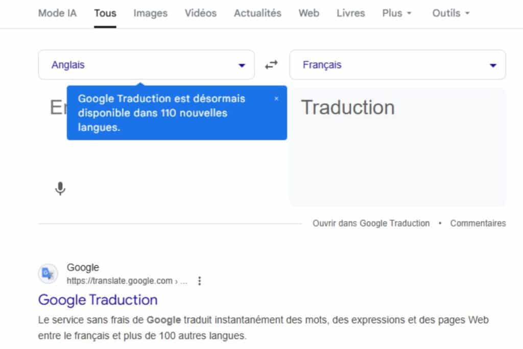 Interface Google Traduction avec options de langues.