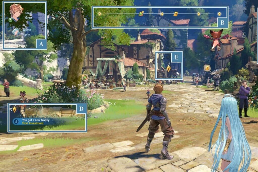 Personnages RPG dans un village médiéval.