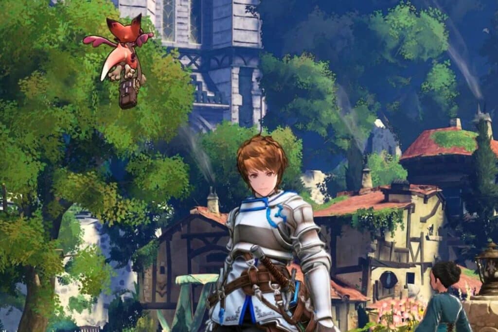 Personnage en armure devant village médiéval fantastique.