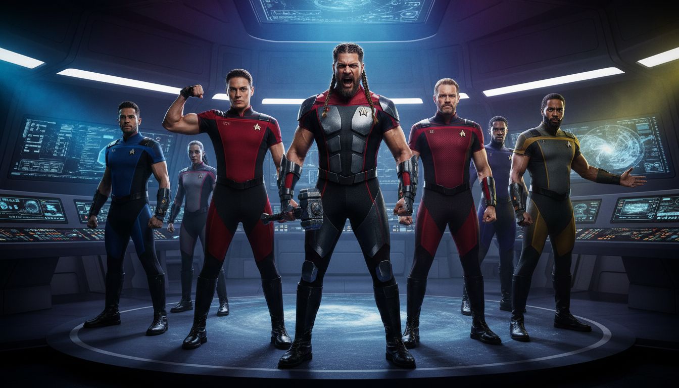 Équipe de super-héros dans un vaisseau spatial futuriste.