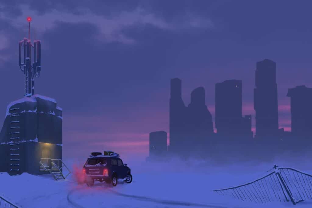 Voiture dans la neige, antenne, silhouette de la ville.