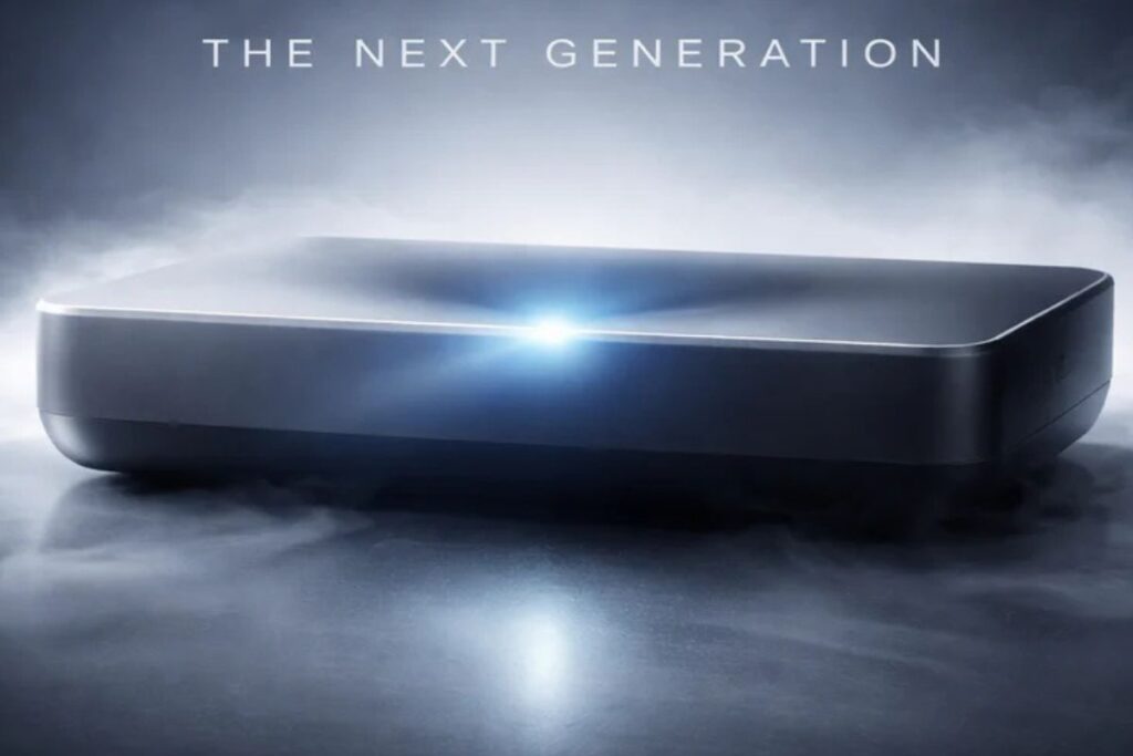 Appareil électronique futuriste sur fond sombre et lumineux.