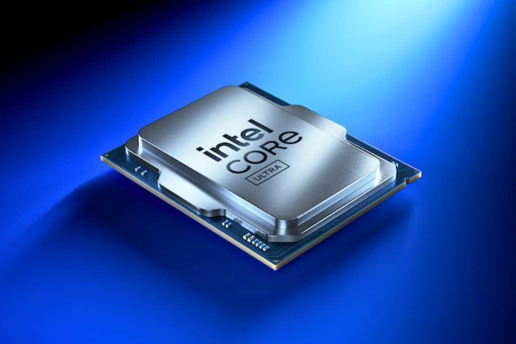 Processeur Intel Core Ultra sur fond bleu.