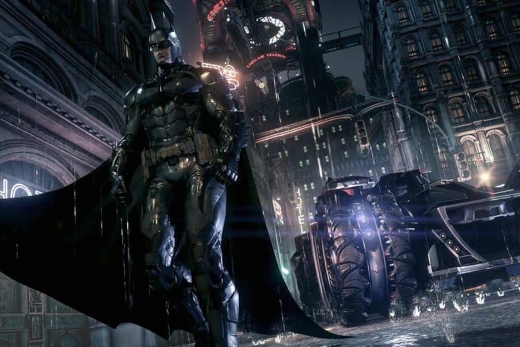 Super-héros devant une voiture futuriste en ville nocturne.