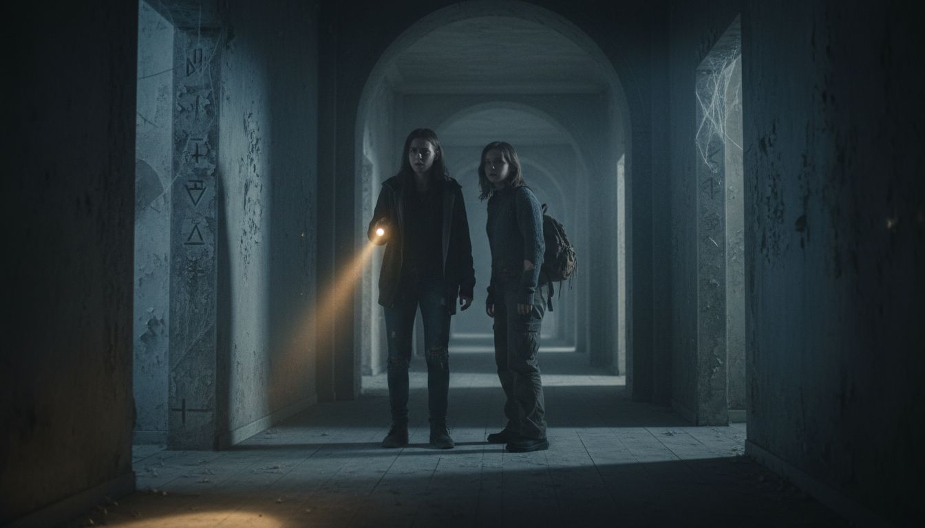 Deux personnes explorent un couloir sombre avec lampe.