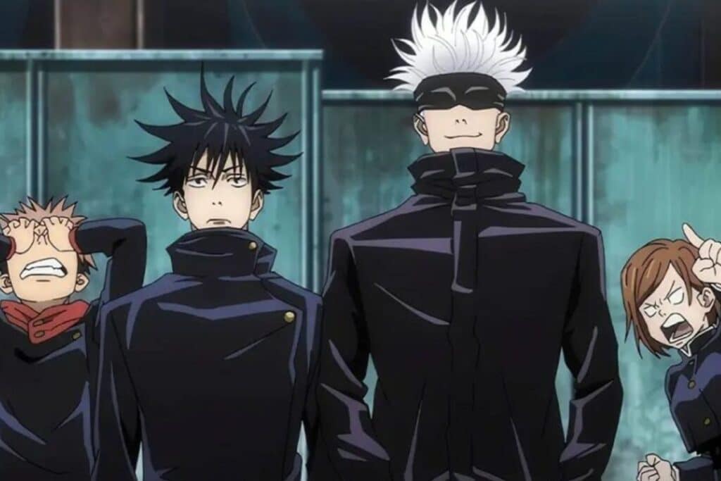 Personnages d'anime en uniforme sur fond métallique.