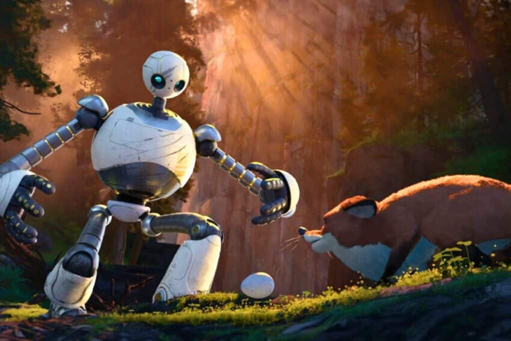 Robot amical avec un renard et un œuf.