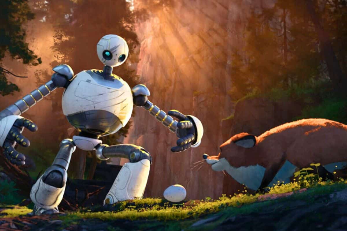 Robot amical avec un renard et un œuf.