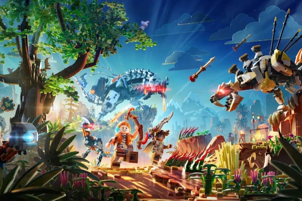 Aventuriers LEGO dans une jungle avec dinosaures robotiques.