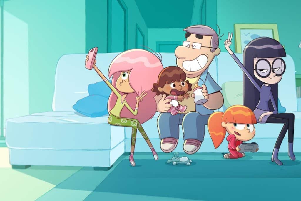 Personnages dessin animé sur un canapé, posent ensemble.