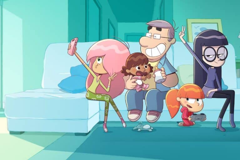 Personnages dessin animé sur un canapé, posent ensemble.