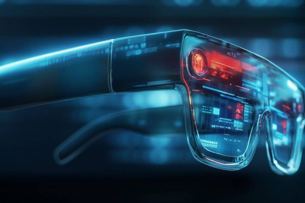 Lunettes futuristes avec affichage numérique intégré.