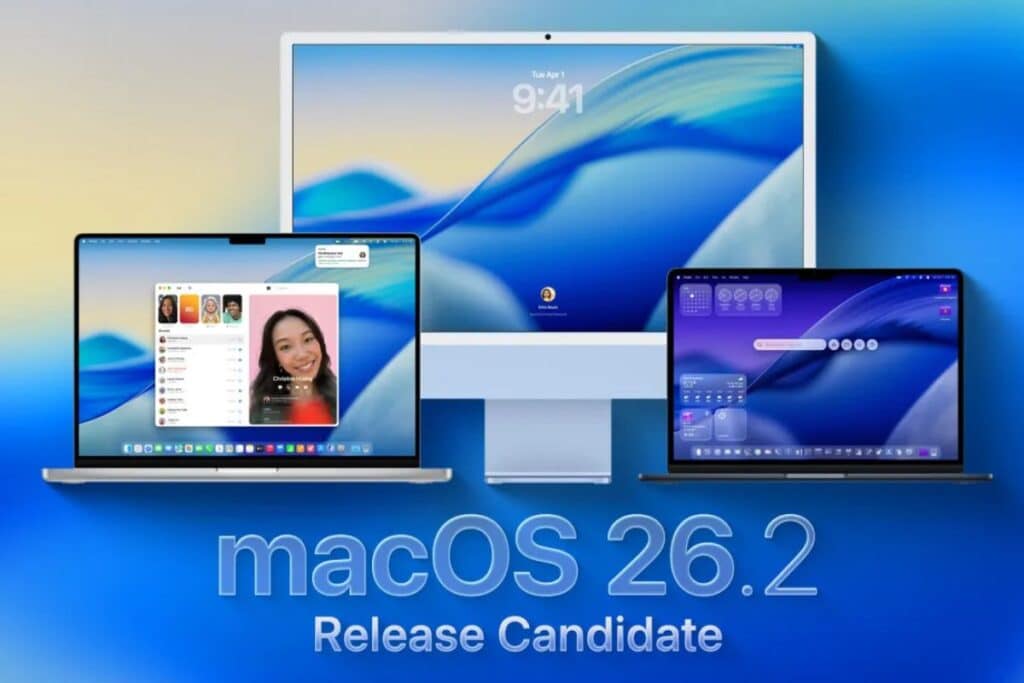Trois ordinateurs affichant macOS 26.2 candidates.