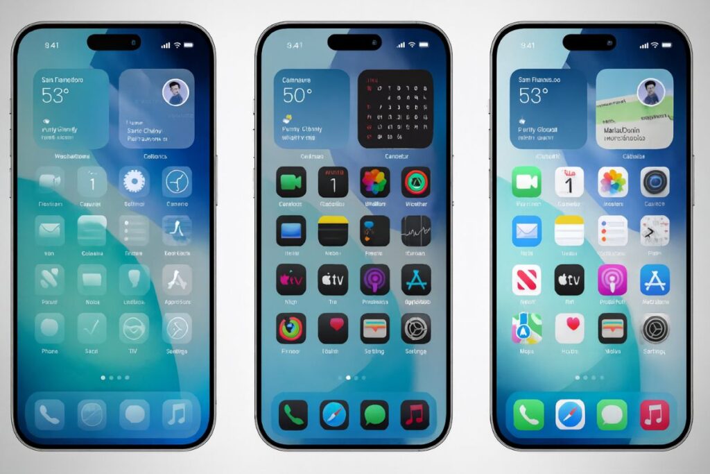 Trois écrans de smartphone avec applications visibles.