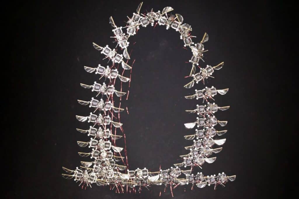 Structure métallique complexe en forme de fer à cheval.