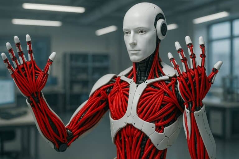 Robot humanoïde avec câbles rouges en laboratoire
