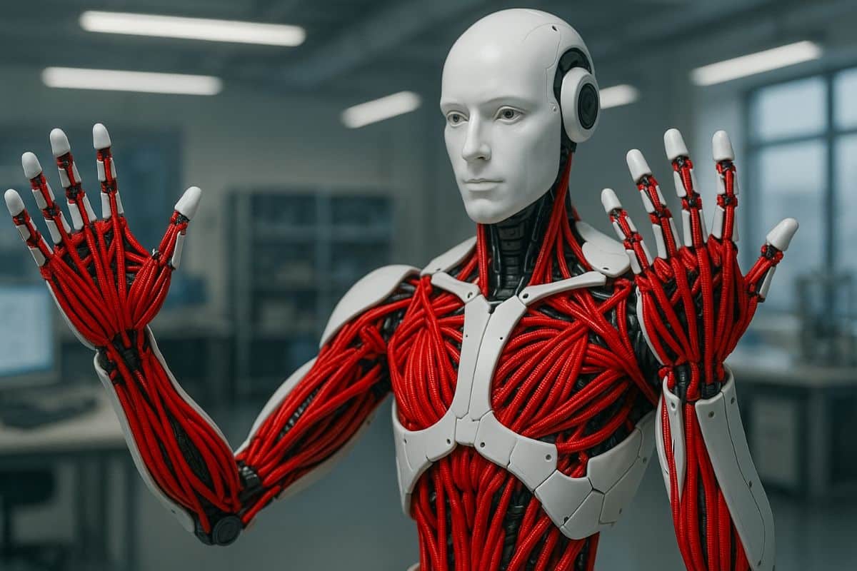 Robot humanoïde avec câbles rouges en laboratoire