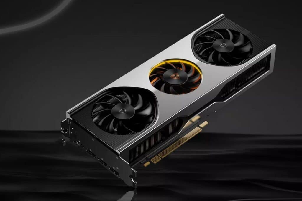 Carte graphique avec trois ventilateurs sur fond noir.