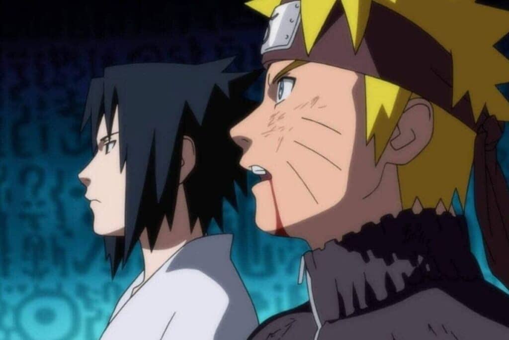 Deux personnages d'anime regardent à droite.