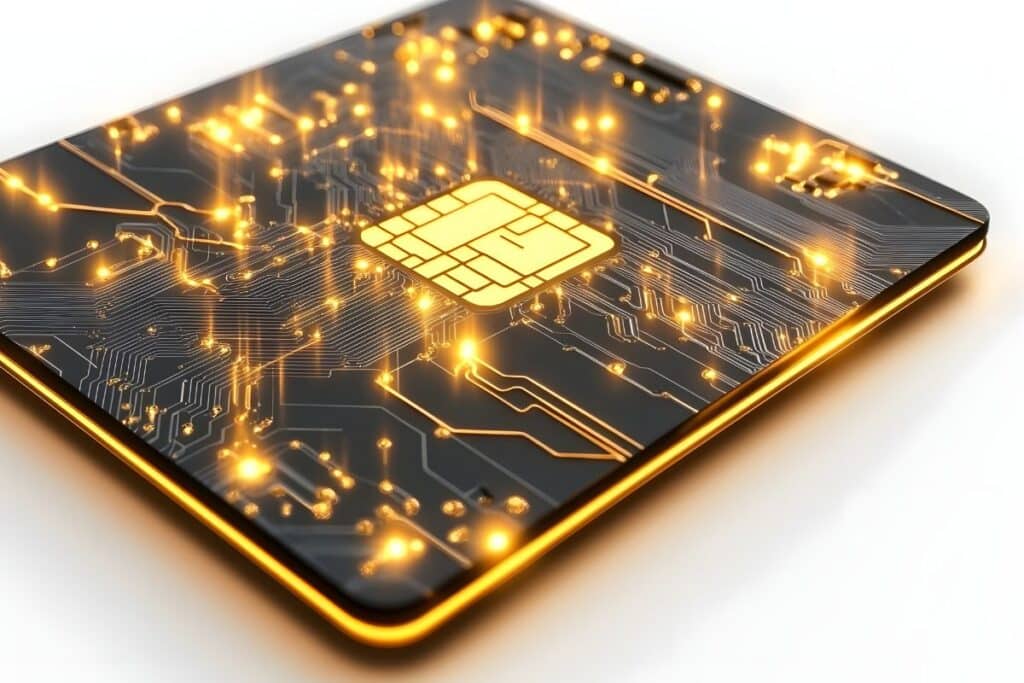 Circuit imprimé avec lumières jaunes scintillantes.