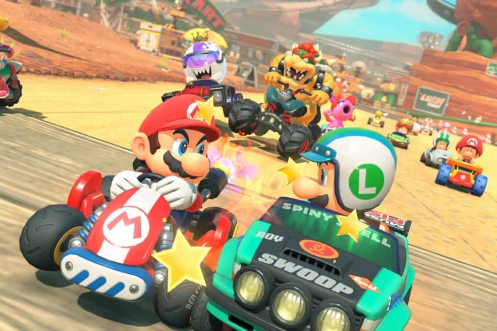 Course de karts avec personnages de jeux vidéo.