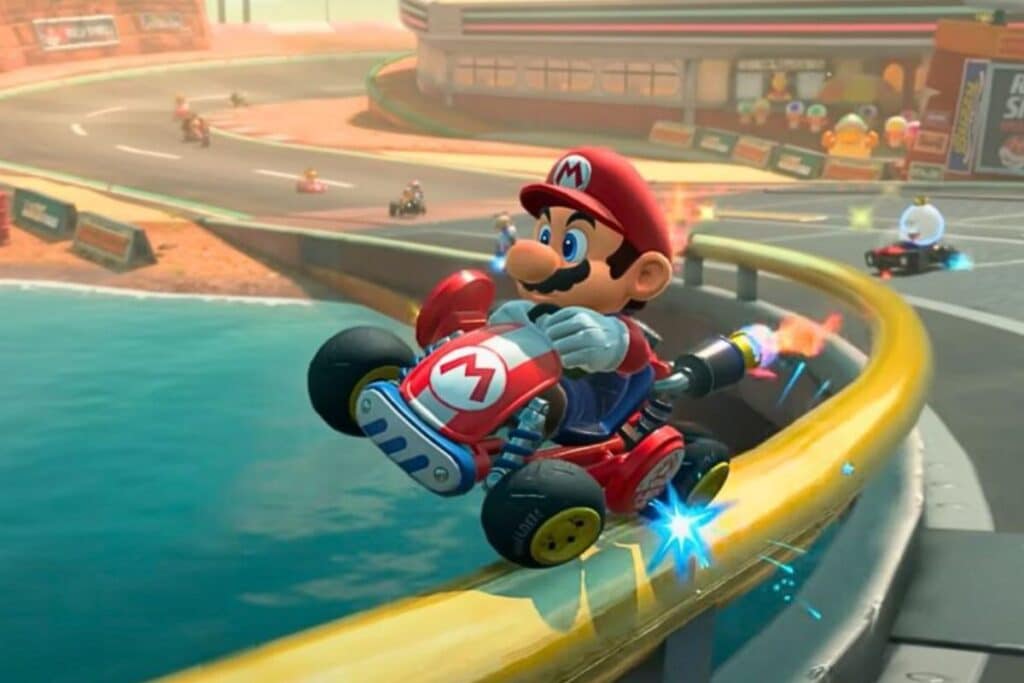 Personnage de jeu vidéo conduisant un kart.