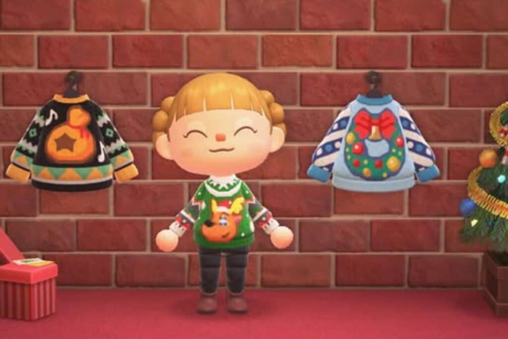 Personnage jeu vidéo portant pull de Noël.