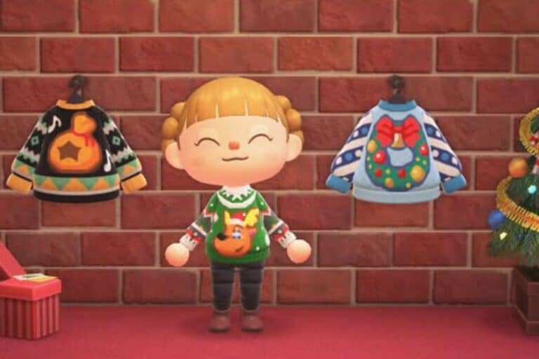 Personnage jeu vidéo portant pull de Noël.