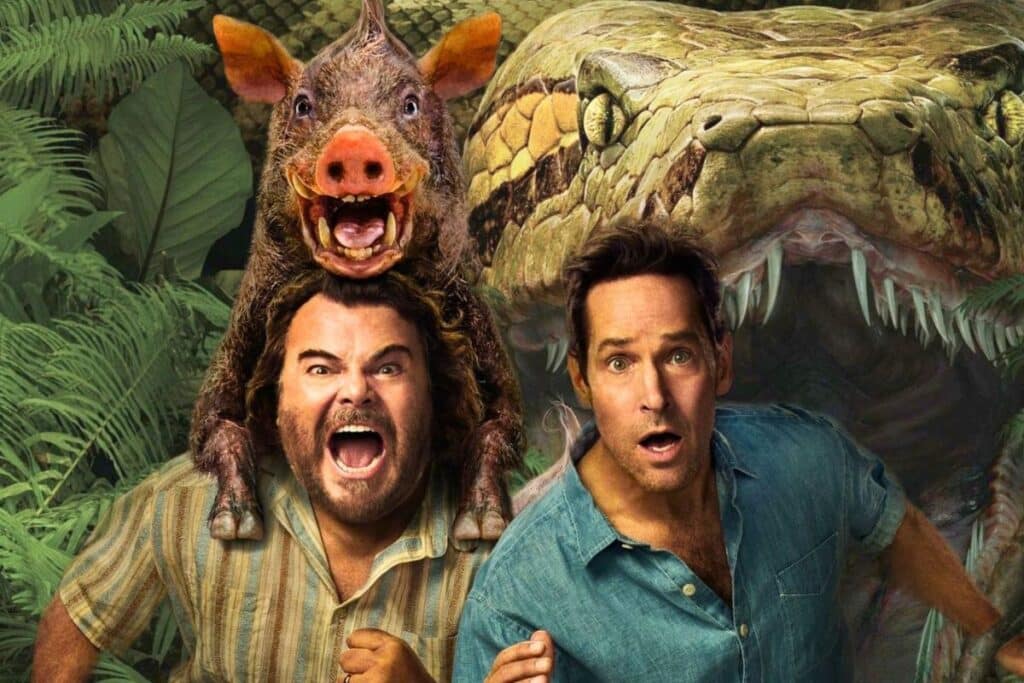 Deux hommes effrayés par un serpent géant.