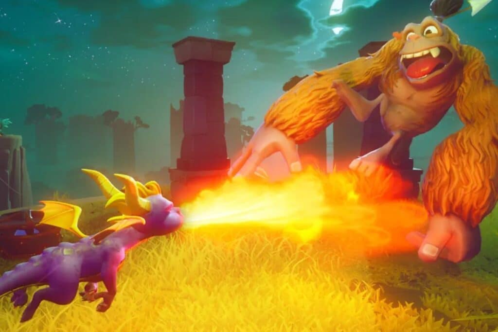 Dragon crache du feu sur créature géante.