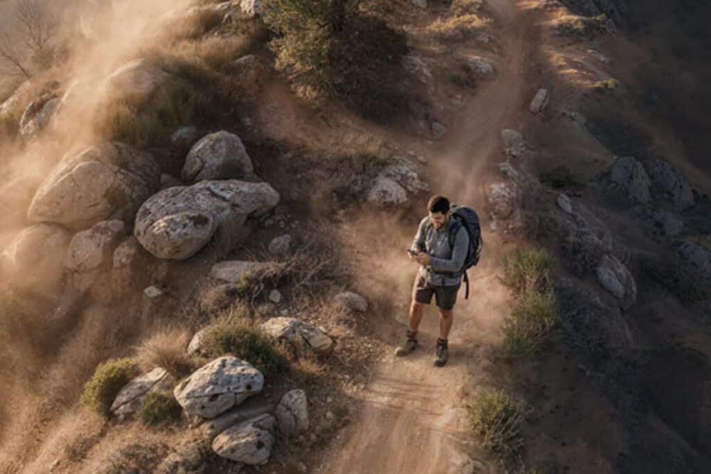 Randonneur sur sentier rocheux montagneux.