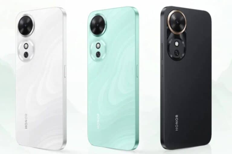 Trois smartphones Honor, blanc, vert, noir.
