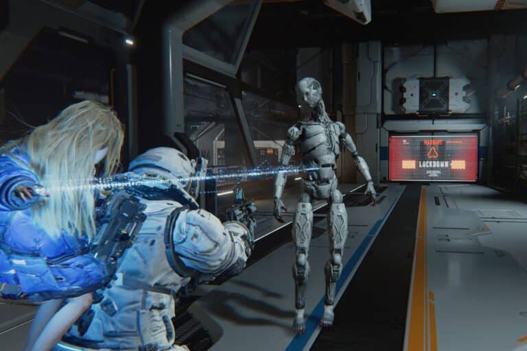 Futuristic battle scene with robots and soldiers.