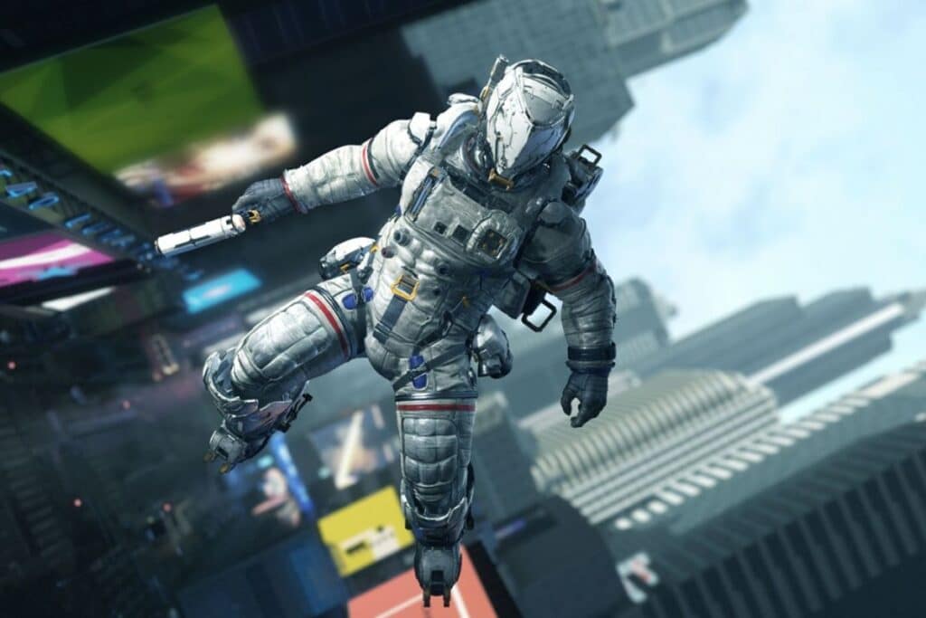 Astronaute flottant au-dessus d'une ville futuriste.
