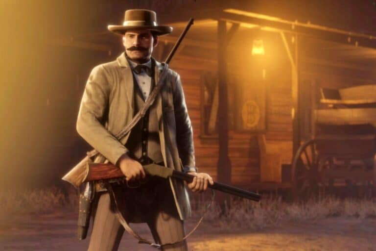 Homme en costume western tenant une carabine.