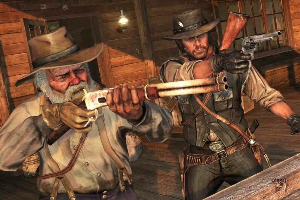 Deux cowboys armés devant un bâtiment en bois.