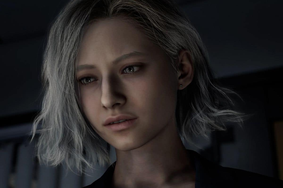 Personnage féminin numérique aux cheveux gris.