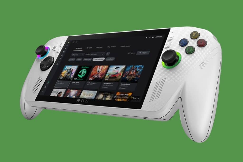 Console de jeu portable blanche sur fond vert.