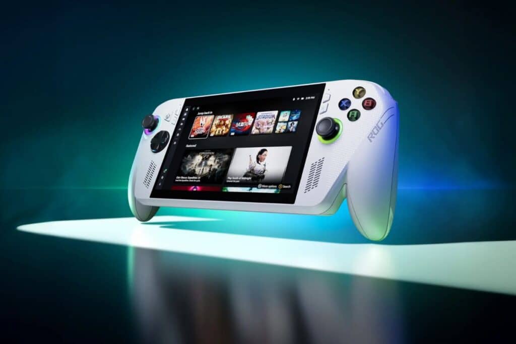 Console de jeu portable moderne avec écran allumé.